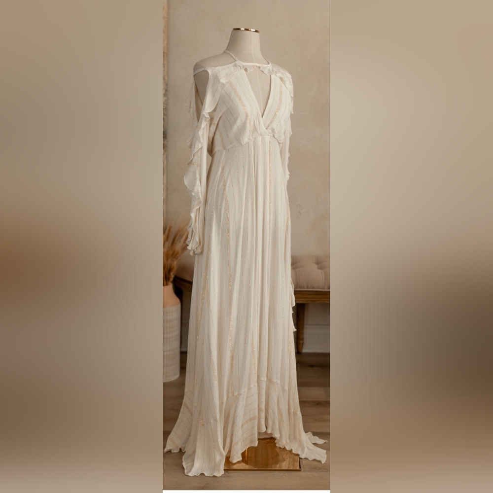 Free People NWT  Huxley Maxi Dress Ruffle Cutout Open Back Metallic Boho Size XS